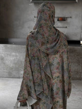 Middle Eastern Elegant Arabic Traditional Cardigan Long-Sleeved Floral Print Abaya Robe with Headscarf