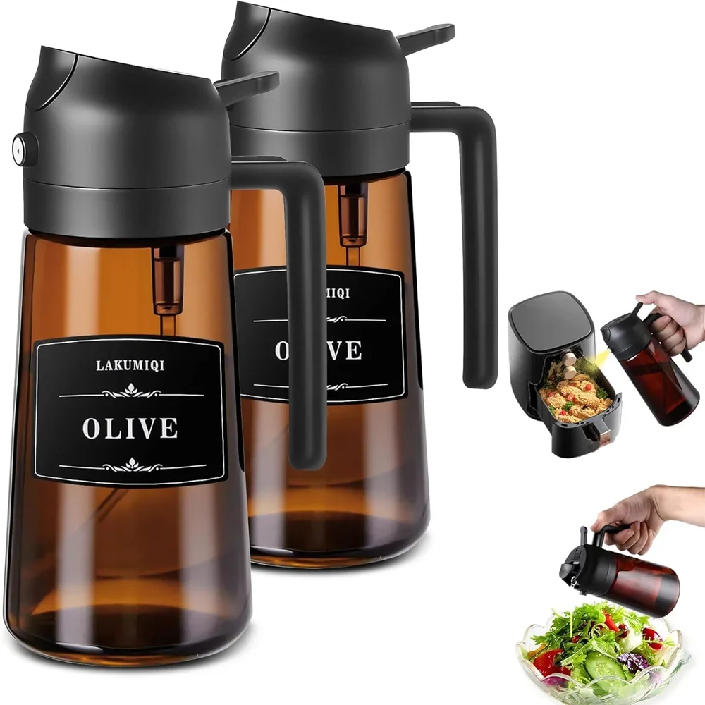 2-in-1 Glass Oil Sprayer & Dispenser, 16oz Leakproof Olive Oil Bottle for Cooking, Air Fryer, Salad, BBQ