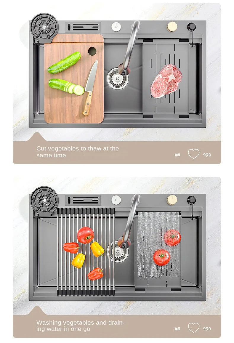 Waterfall Kitchen Sink Nanometer 304 Stainless Steel Large Single Slot Kitchen Accessories Waterfall Faucet Vegetable Basin
