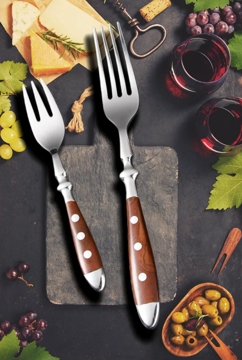 Classic Elegant Stainless Steel Cutlery Set Simulated Redwood Fork Spoon Knife Full Dinning Fork Steak Knife Teaspoon Creative