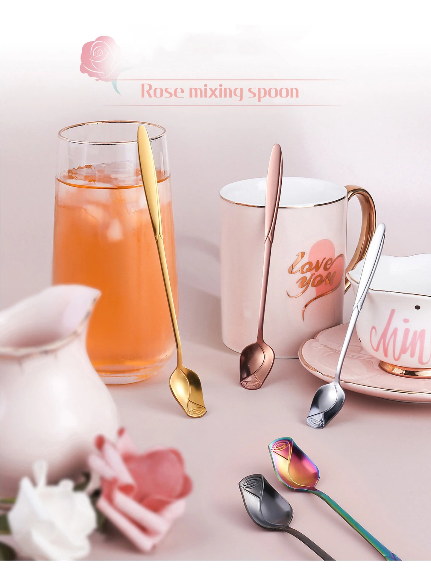 Long Handle Teaspoon Stainless Steel Rose Mixing Spoon Unusual Teaspoons for Dessert Honey Salad Tea Coffee Spoons New Year Gift