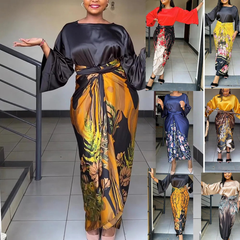 Elegant 2 Piece Sets Womens Outfits Satin Half Sleeve Shirt Blouses and Belted Wrap Midi Skirt Sets Spring Summer Clothes