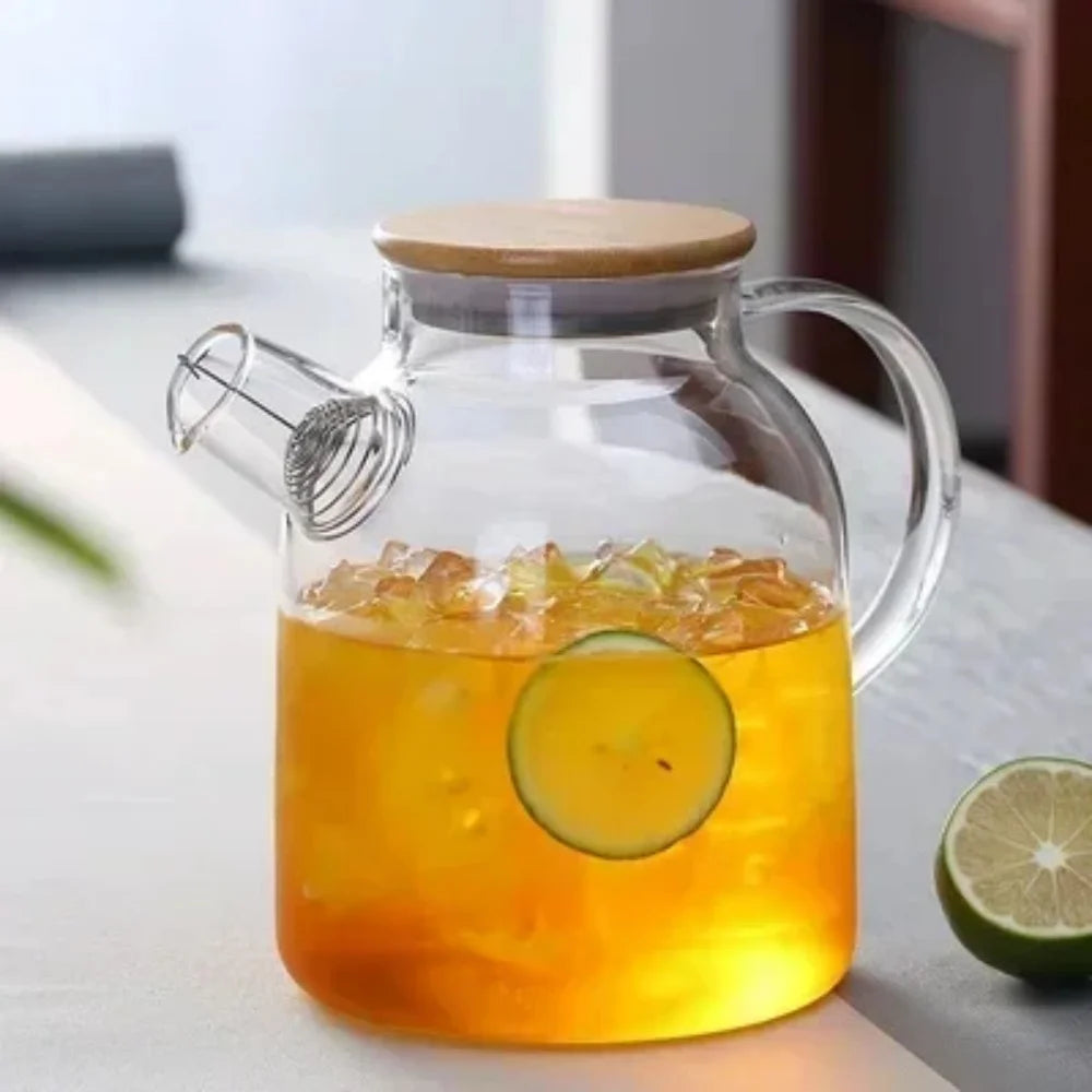 1/1.8L Glass Teapot Bamboo Lid 1pack Glass Tea Kettle with Removable Filter Spout for Loose Leaf、Fruit Tea and Fragrant Tea