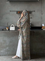 Middle Eastern Elegant Arabic Traditional Cardigan Long-Sleeved Floral Print Abaya Robe with Headscarf