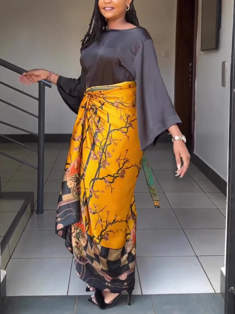 Elegant 2 Piece Sets Womens Outfits Satin Half Sleeve Shirt Blouses and Belted Wrap Midi Skirt Sets Spring Summer Clothes