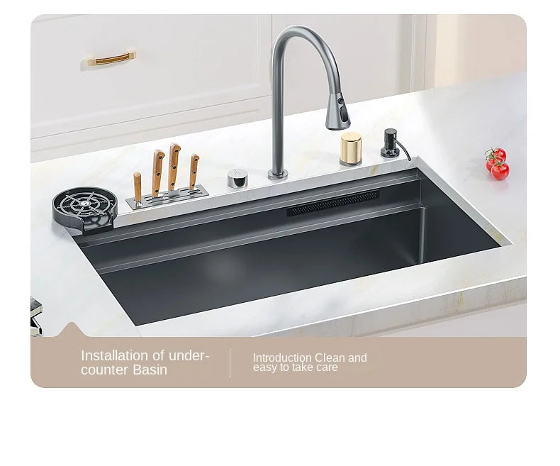 Waterfall Kitchen Sink Nanometer 304 Stainless Steel Large Single Slot Kitchen Accessories Waterfall Faucet Vegetable Basin