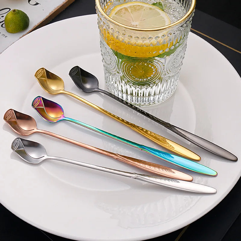 Long Handle Teaspoon Stainless Steel Rose Mixing Spoon Unusual Teaspoons for Dessert Honey Salad Tea Coffee Spoons New Year Gift