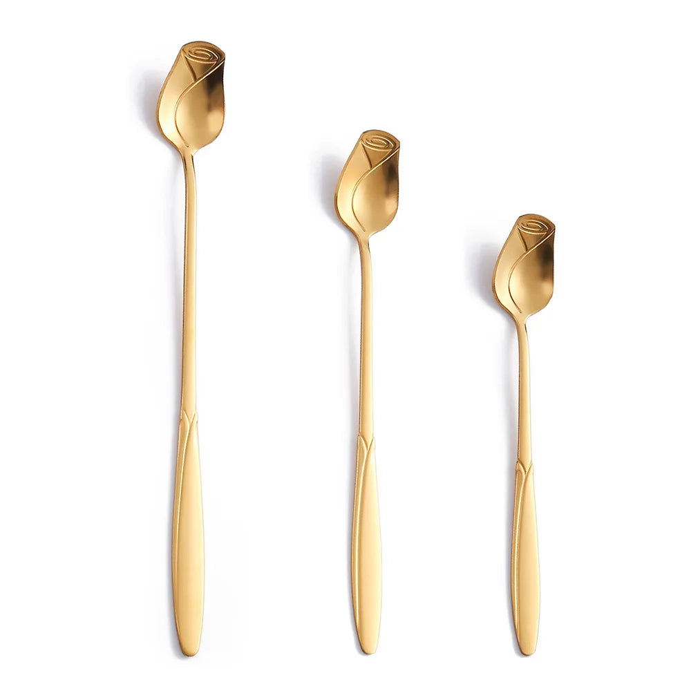 Long Handle Teaspoon Stainless Steel Rose Mixing Spoon Unusual Teaspoons for Dessert Honey Salad Tea Coffee Spoons New Year Gift