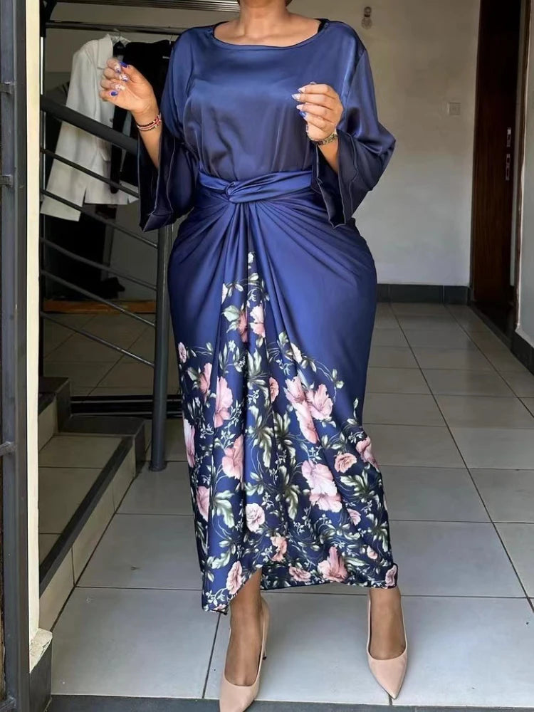 Elegant 2 Piece Sets Womens Outfits Satin Half Sleeve Shirt Blouses and Belted Wrap Midi Skirt Sets Spring Summer Clothes