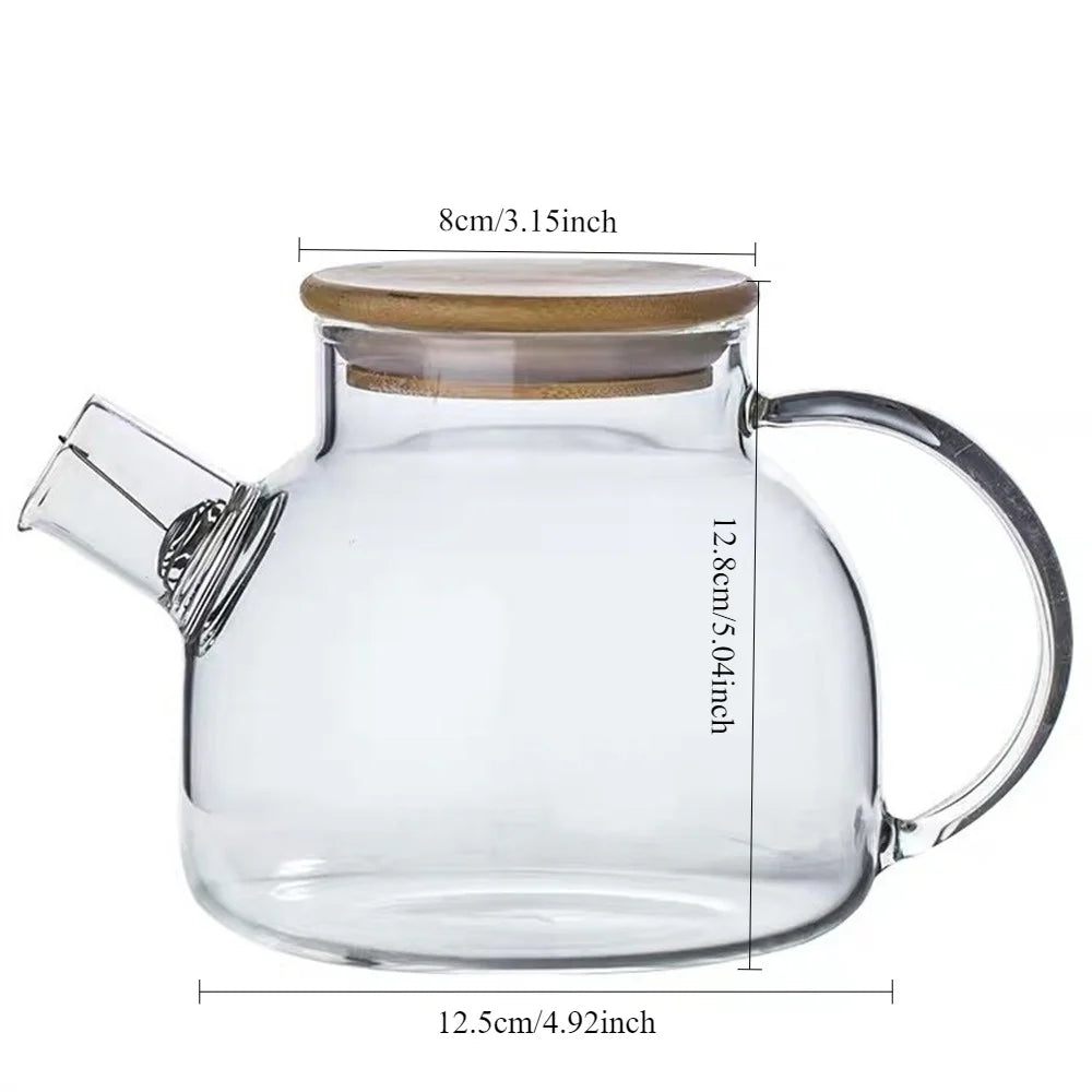 1/1.8L Glass Teapot Bamboo Lid 1pack Glass Tea Kettle with Removable Filter Spout for Loose Leaf、Fruit Tea and Fragrant Tea